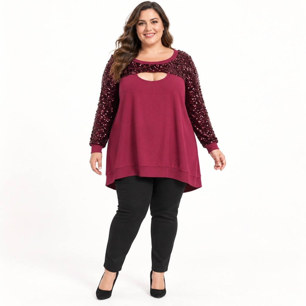 NWT BloomChic Burgundy Sequin Sleeve Keyhole Tunic Top Womens Size 30 Glam